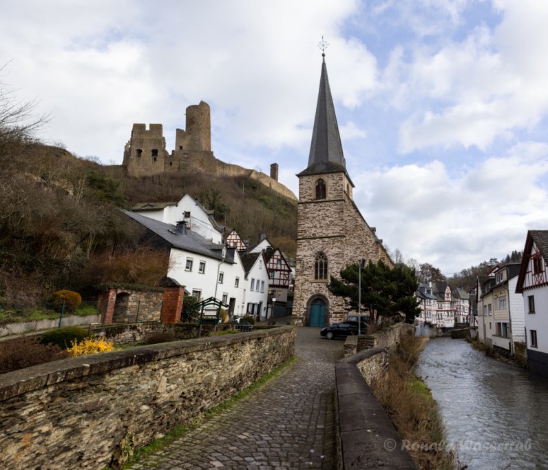 Blick auf die Pfarrkirche und die Löwenburg