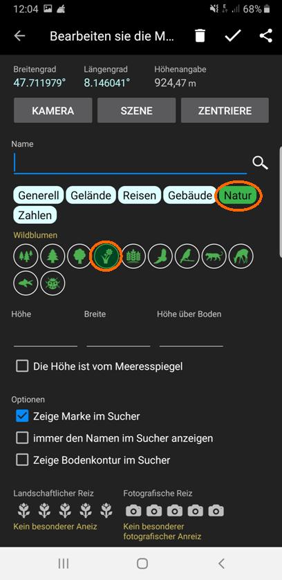 Kategoriewahl im Marker-Panel