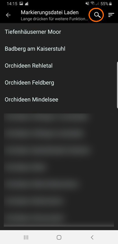 Durch das Antippen des "Suchen"-Symbols kann nach Einträgen in der Liste gesucht werden.