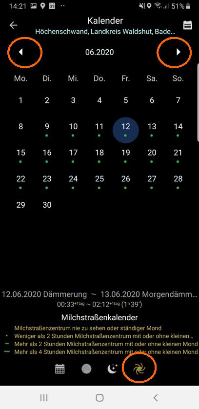 Milchstraßenfotos planen - Kalender aufgerufen