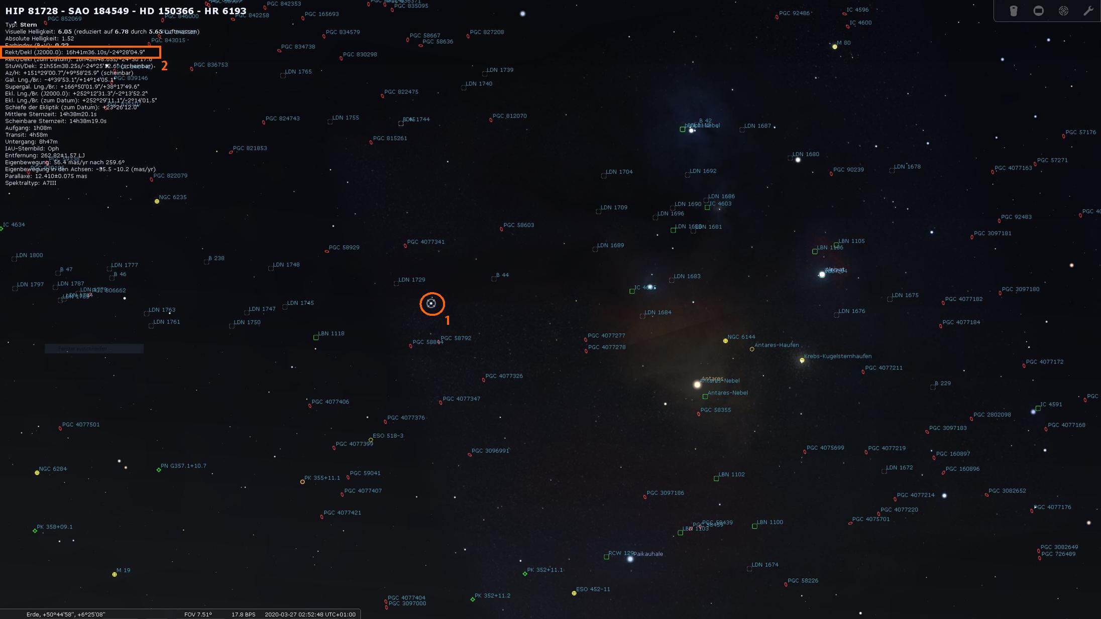 Stellarium - Durch Klick auf einen Stern diesen als HIP 81728 identifiziert