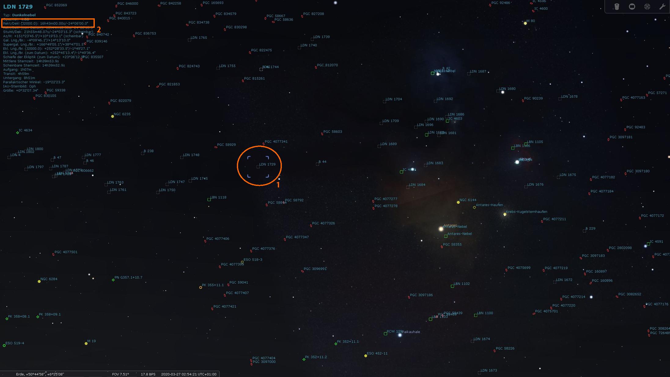 Stellarium - Durch Klick auf LDN 1729 Anzeige der Daten für das Objekt