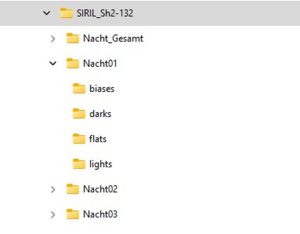 Ha-OIII-Trennung mehrerer Aufnahme-Nächte: Verzeichnisse