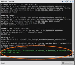 Astrofotos verschiedener Kameras gemeinsam stacken: Die Prozess-Konsole meldet den Vollzug